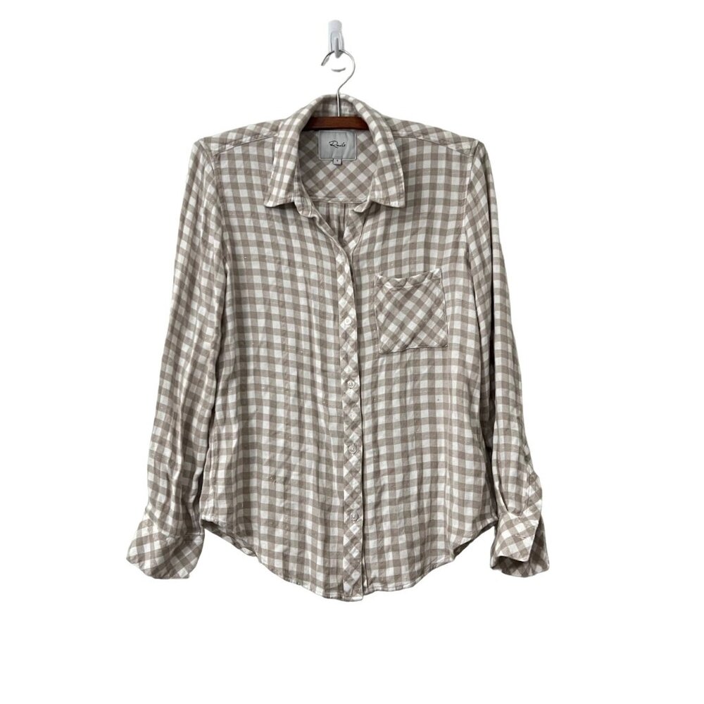 Rails Womens Taupe Gingham Metallic Hunter Flannel Long Sleeve Button Shirt Sz S